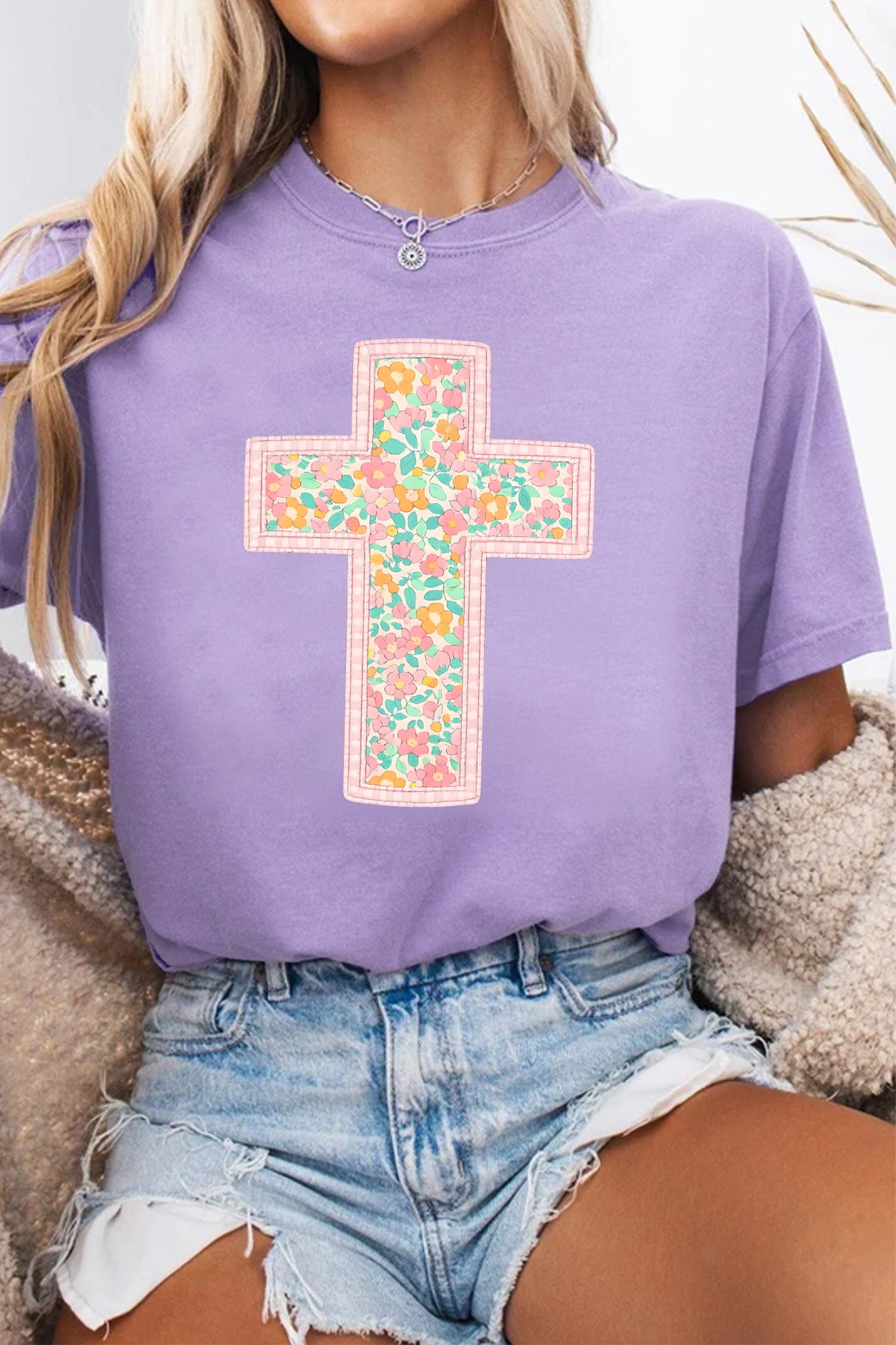 Wisteria Easter Floral Cross Christian Casual Tee - Aaria Tees Aaria Tees