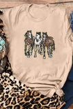 Khaki Sequin Horses Patched Casual Crewneck T Shirt Aaria Tees
