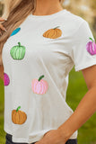 White Sequin Pumpkin Patched Cotton Blend T Shirt Aaria Tees