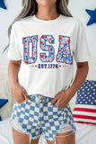 White USA Floral Print EST 1776 Patriotic Graphic Tee Aaria Tees