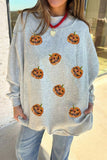 Light Grey Sequined Halloween Pumpkin Graphic Exposed Seam Mock Neck Sweatshirt Aaria Tees