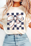 White Checkered Rugby Bowknot Graphic Crew T Shirt Aaria Tees