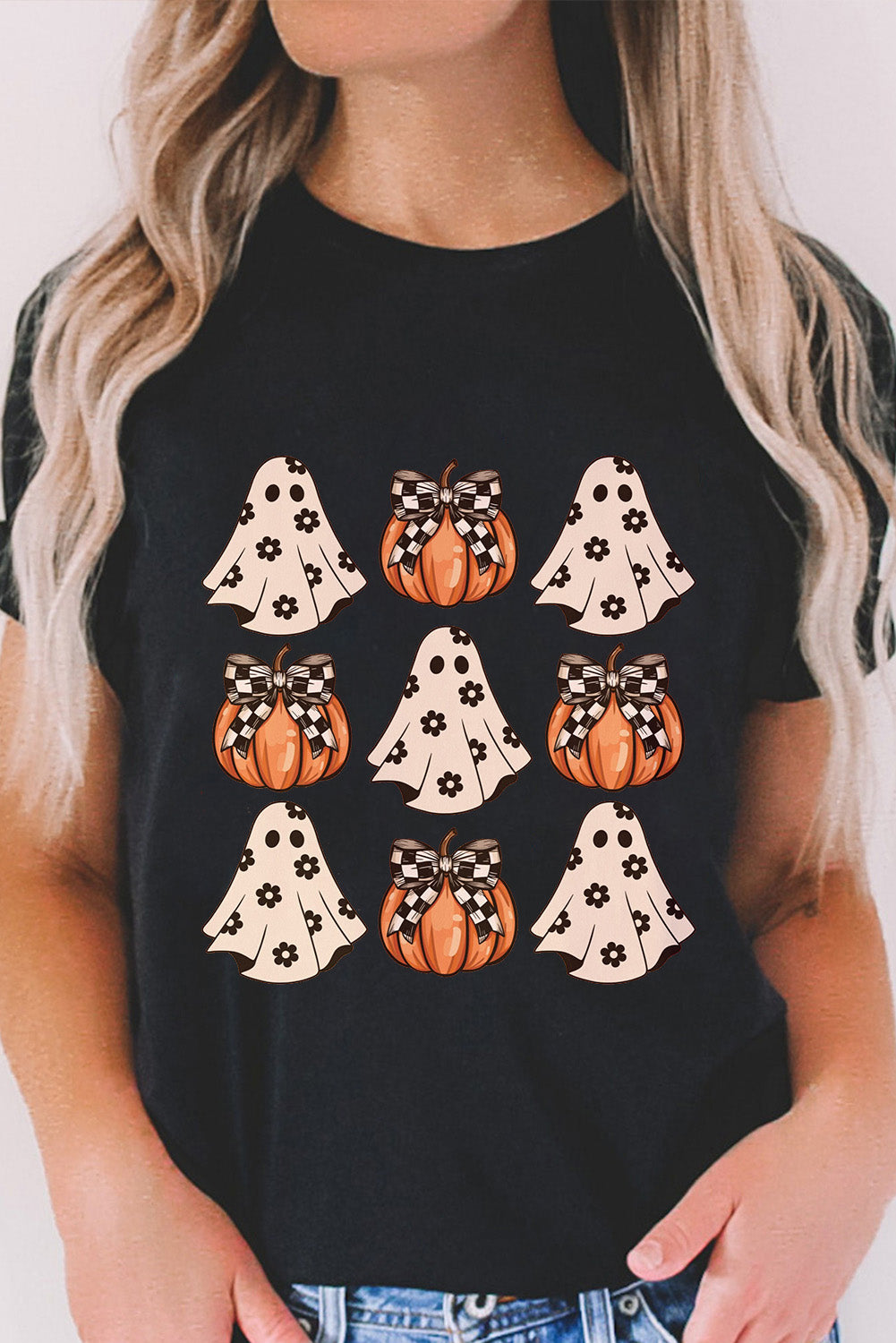 Black Halloween Ghost Pumpkin Print Crew Neck T Shirt - Aaria Tees Aaria Tees