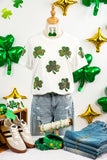 White Sequin Lucky Clover Patched Casual Round Neck Tee Aaria Tees