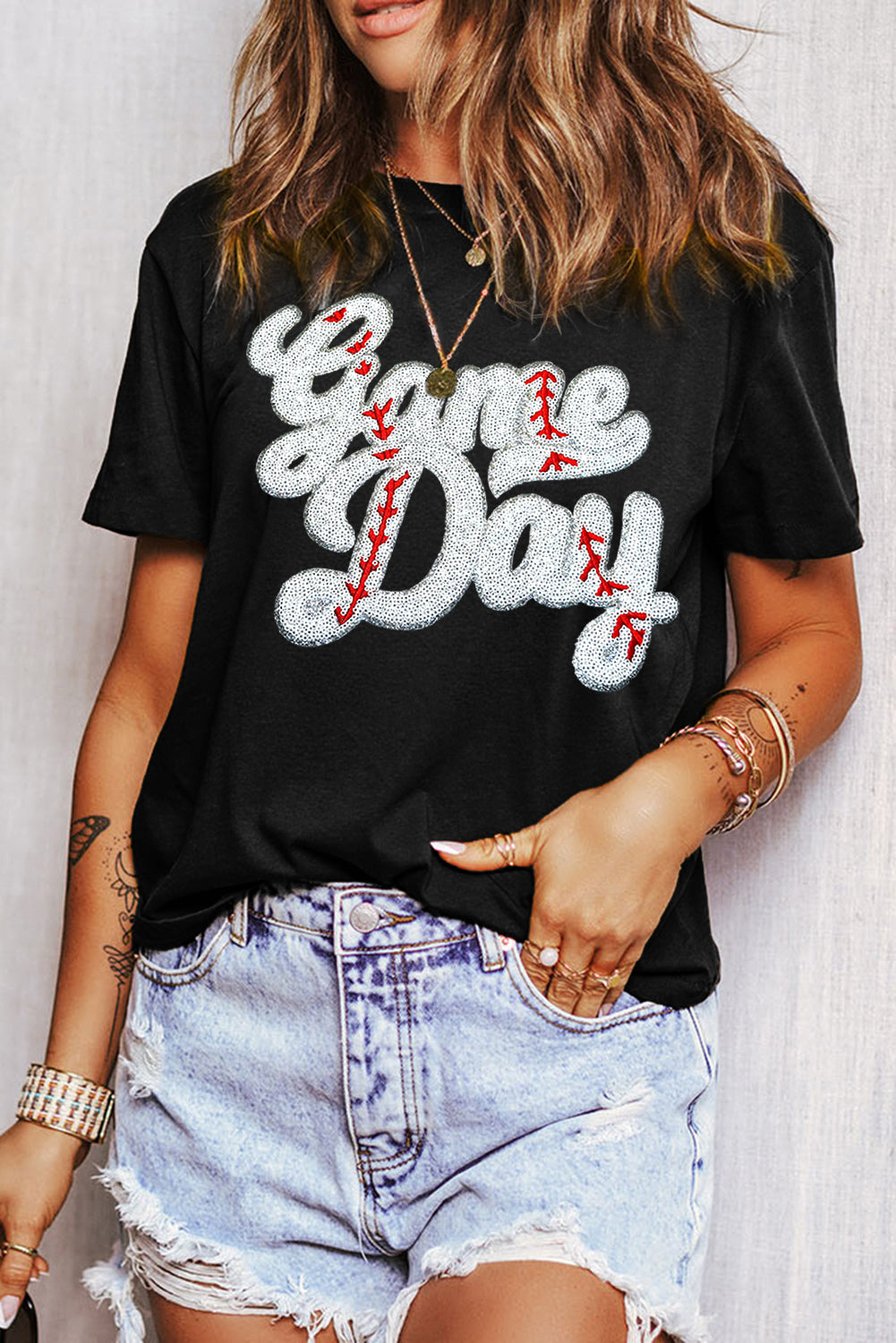 Black Sequin Game Day Graphic Crew Neck Tee - Aaria Tees Aaria Tees