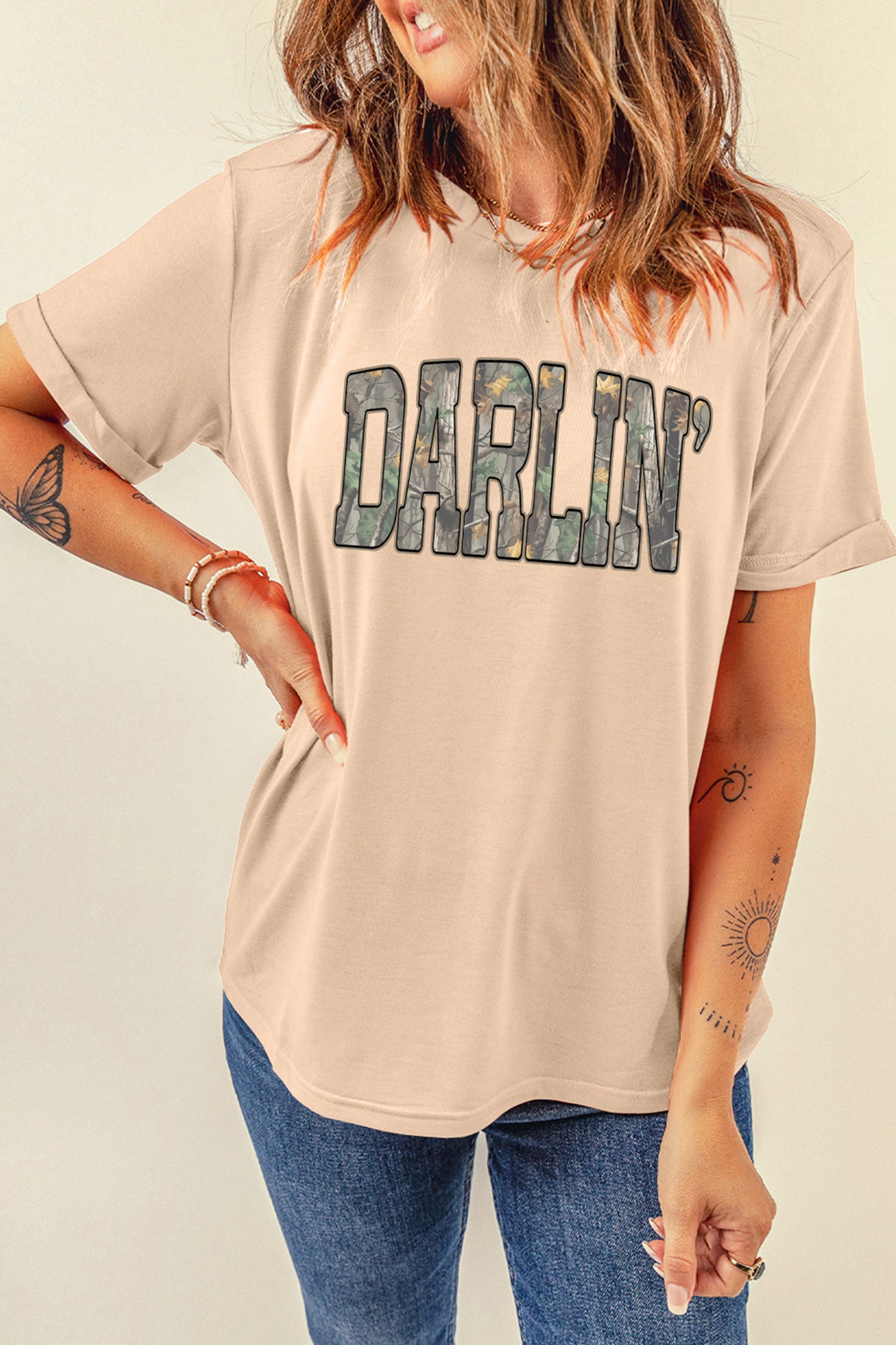 Khaki DARLIN Camo Letter Print Crewneck T Shirt - Aaria Tees Aaria Tees