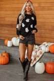 Black Sequin Cute Bow Ghost Graphic Crew Neck Halloween Sweatshirt Aaria Tees