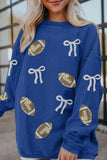 Dark Blue Corded Rib Sequin Rugby Bow Graphic Dropped Shoulder Sweatshirt - Aaria Tees Aaria Tees