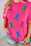 Rose Red Easter Rabbit Chenille Patched Pattern Crew Neck Tee Aaria Tees