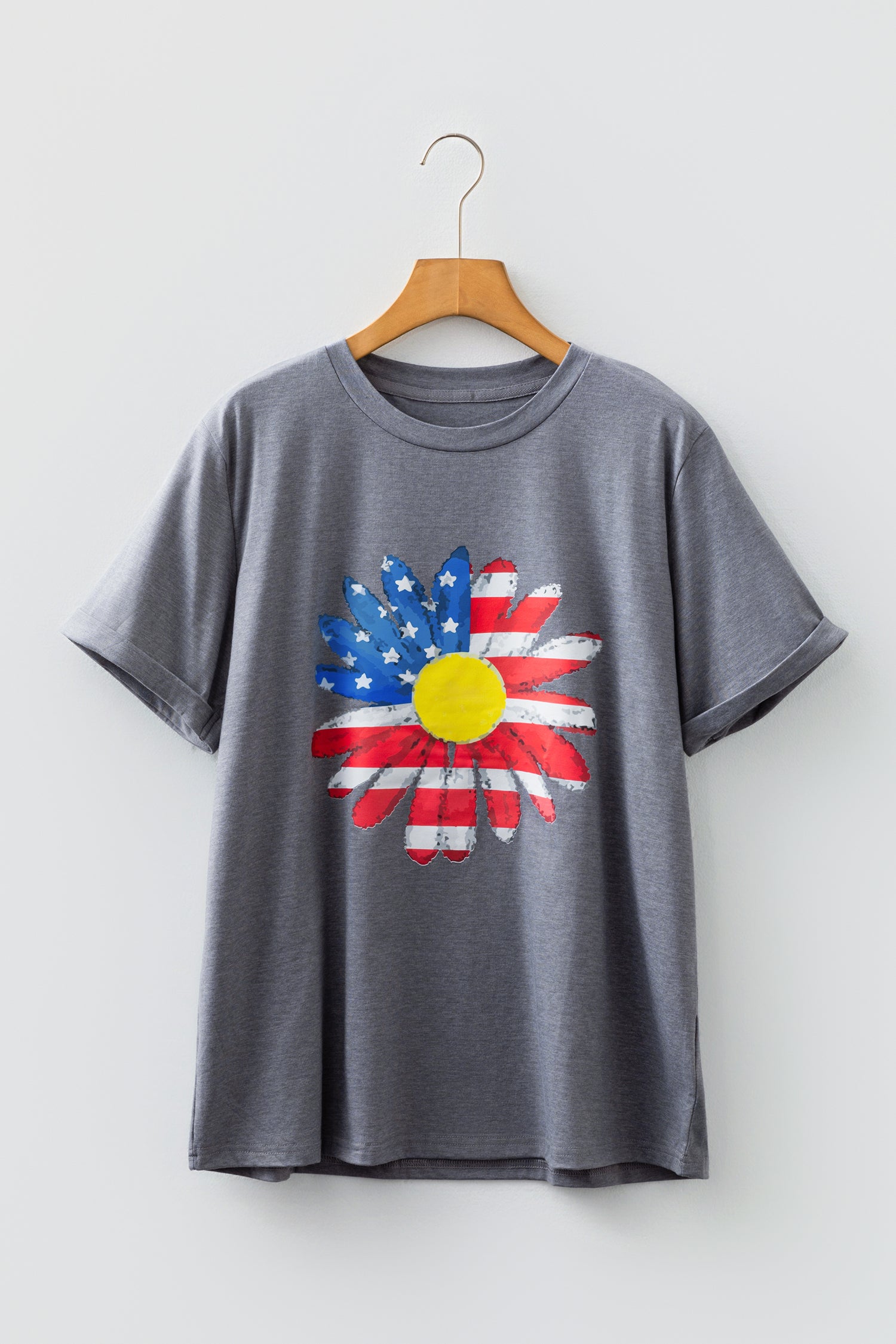 Gray Flag Pattern Sunflower Graphic Crew Neck Tee - Aaria Tees Aaria Tees