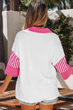 White Sequin Bow Pattern Striped Color Block Collar Half Sleeve Shift Top Aaria Tees