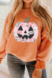Orange Patchwork Pumpkin Graphic Corded Ribbed Round Neck Tunic Sweatshirt Aaria Tees