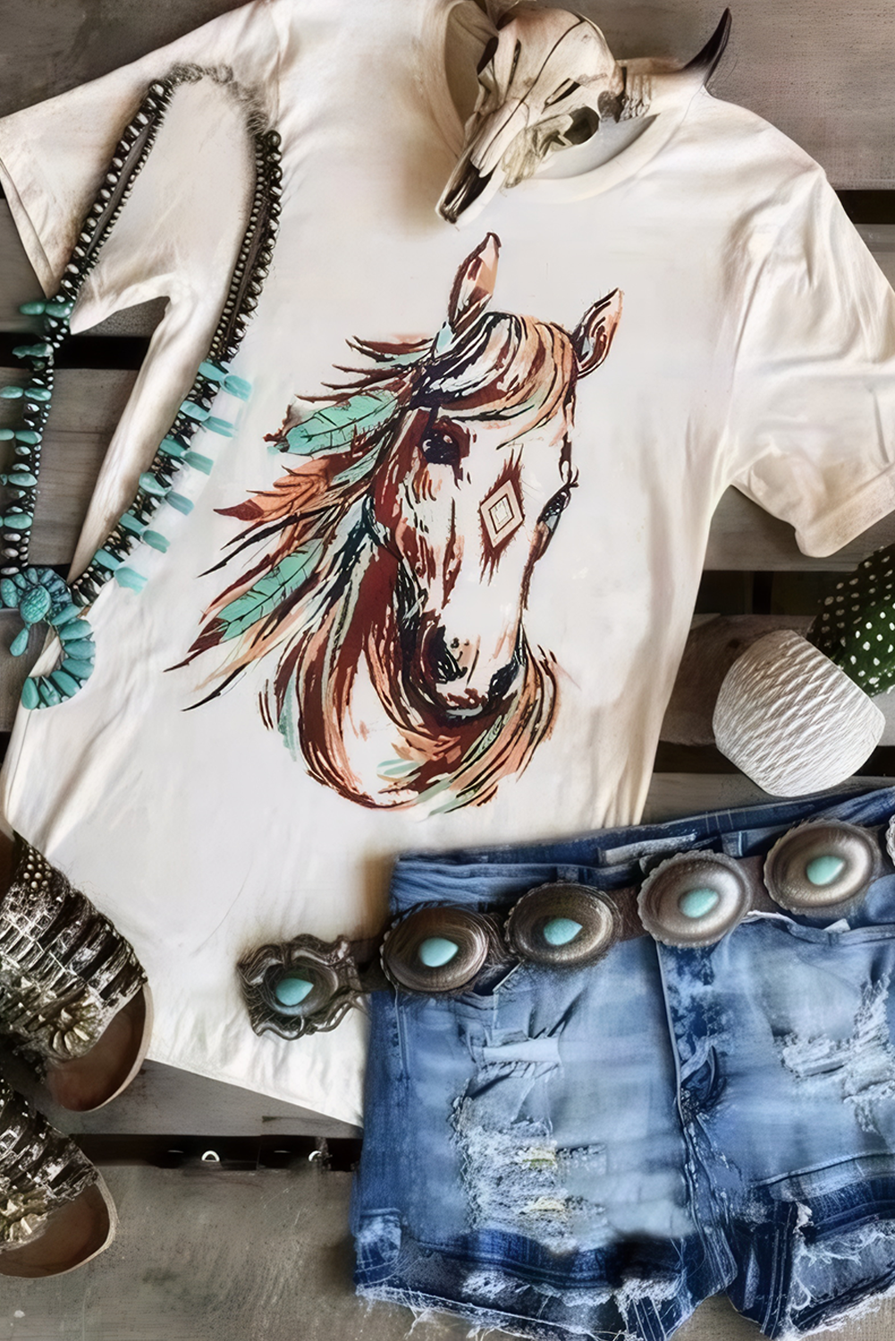 White Western Aztec Horse Graphic Crewneck Tee - Aaria Tees Aaria Tees