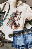 White Western Aztec Horse Graphic Crewneck Tee - Aaria Tees Aaria Tees