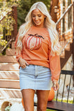 Orange Sequined Pumpkin Ribbed Round Neck Halloween Sweatshirt - Aaria Tees Aaria Tees