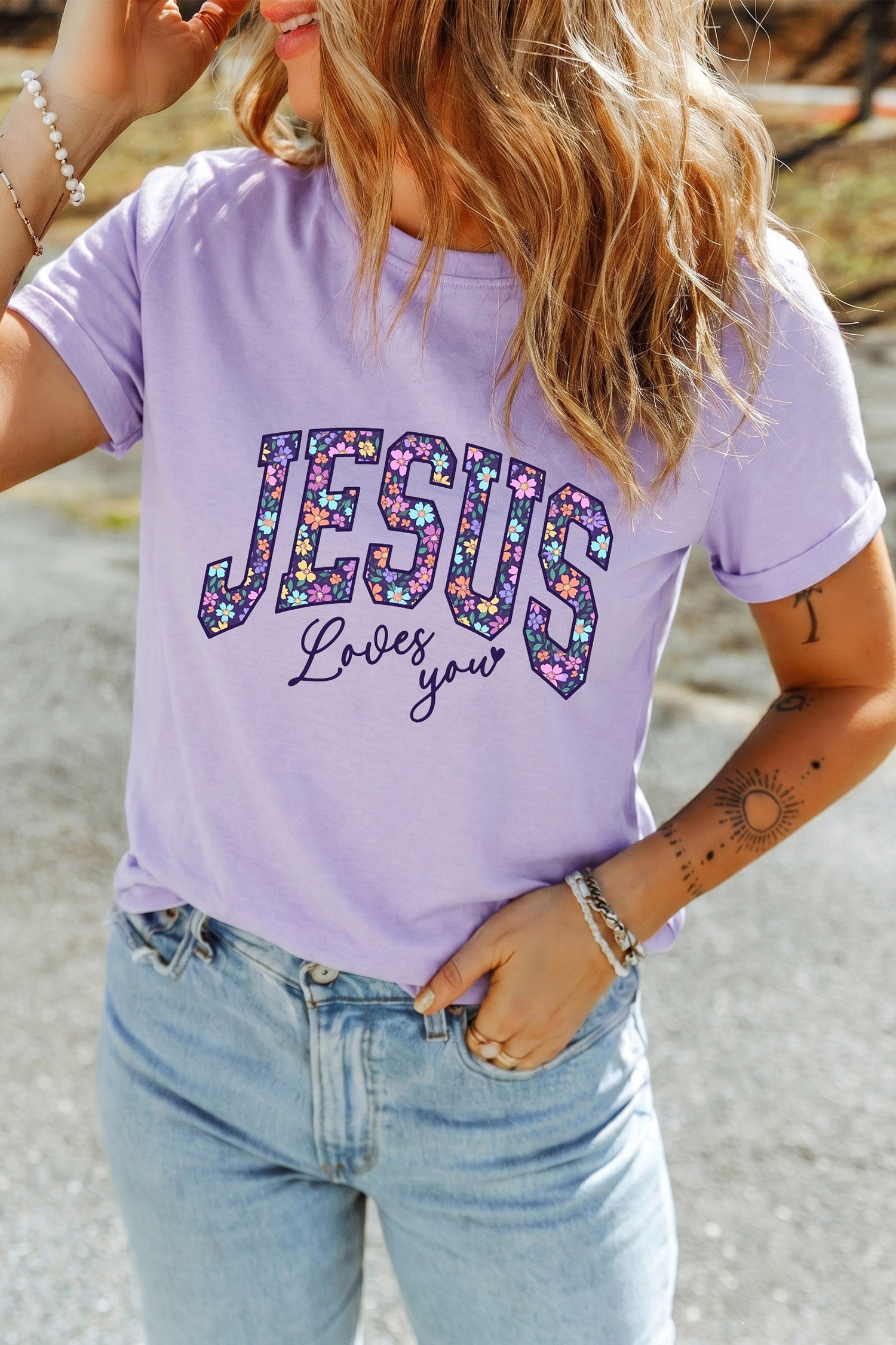 Orchid Petal Christian Floral Letter Graphic Round Neck T Shirt - Aaria Tees Aaria Tees