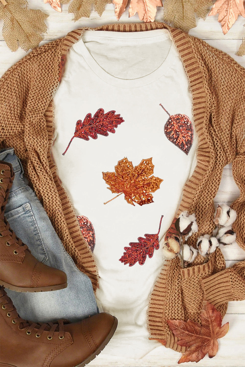 White Halloween Sequined Leaves Graphic Crew Neck T Shirt - Aaria Tees Aaria Tees