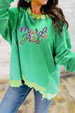 Bright Green Twisted Ribbed mardi gras Sequin Graphic Exposed Seam Patchwork Pullover Top - Aaria Tees Aaria Tees