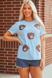 Light Blue Gopher Ball Sequin Patched Casual T Shirt Aaria Tees