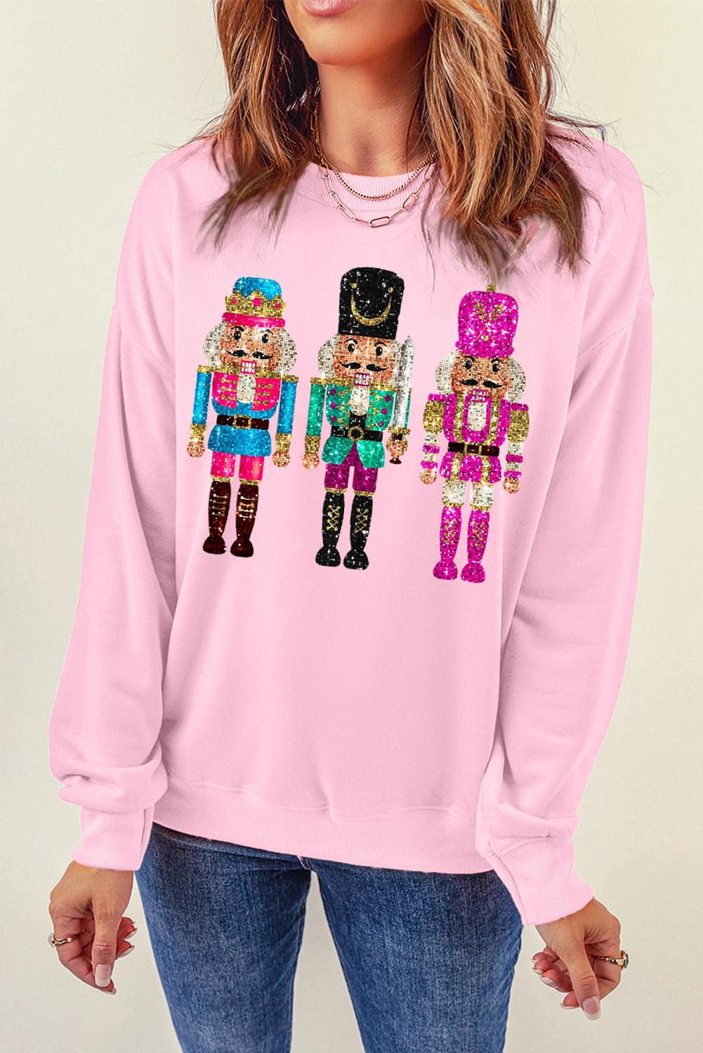 Pink Cute Nutcracker Printed Drop Shoulder Christmas Sweatshirt - Aaria Tees Aaria Tees