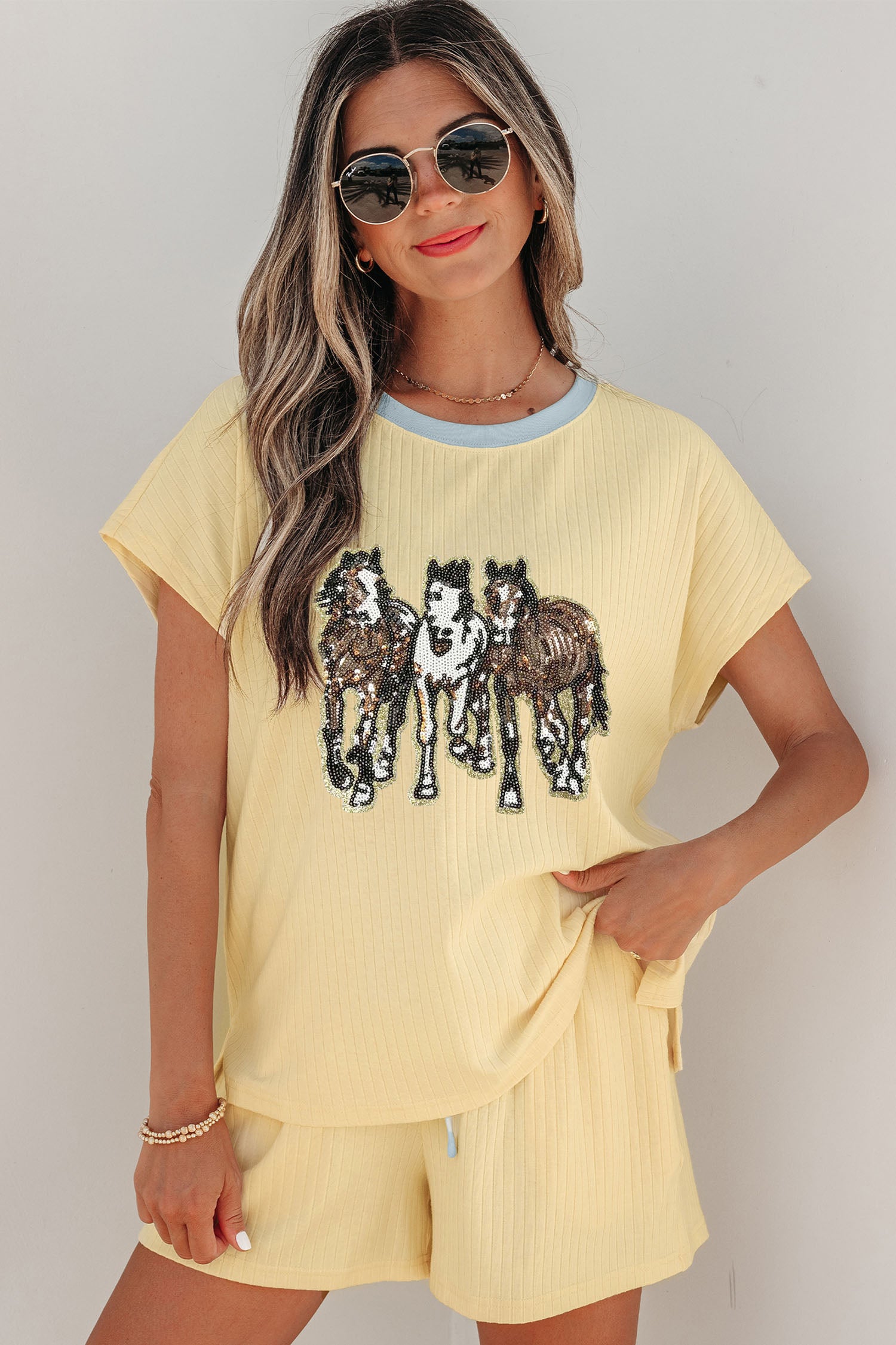 Yellow Cream Ribbed Knit Two Piece Set Sequin Horse Patched Casual Short Set - Aaria Tees Aaria Tees