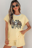 Yellow Cream Ribbed Knit Two Piece Set Sequin Horse Patched Casual Short Set - Aaria Tees Aaria Tees