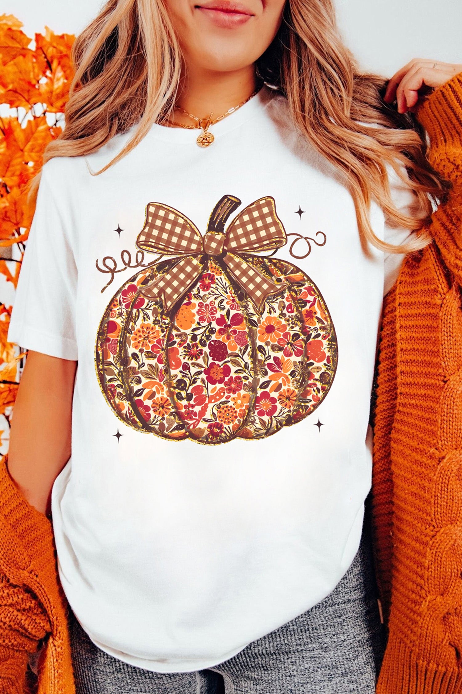 White Floral Pumpkin Print Round Neck Short Sleeve T-Shirt - Aaria Tees Aaria Tees