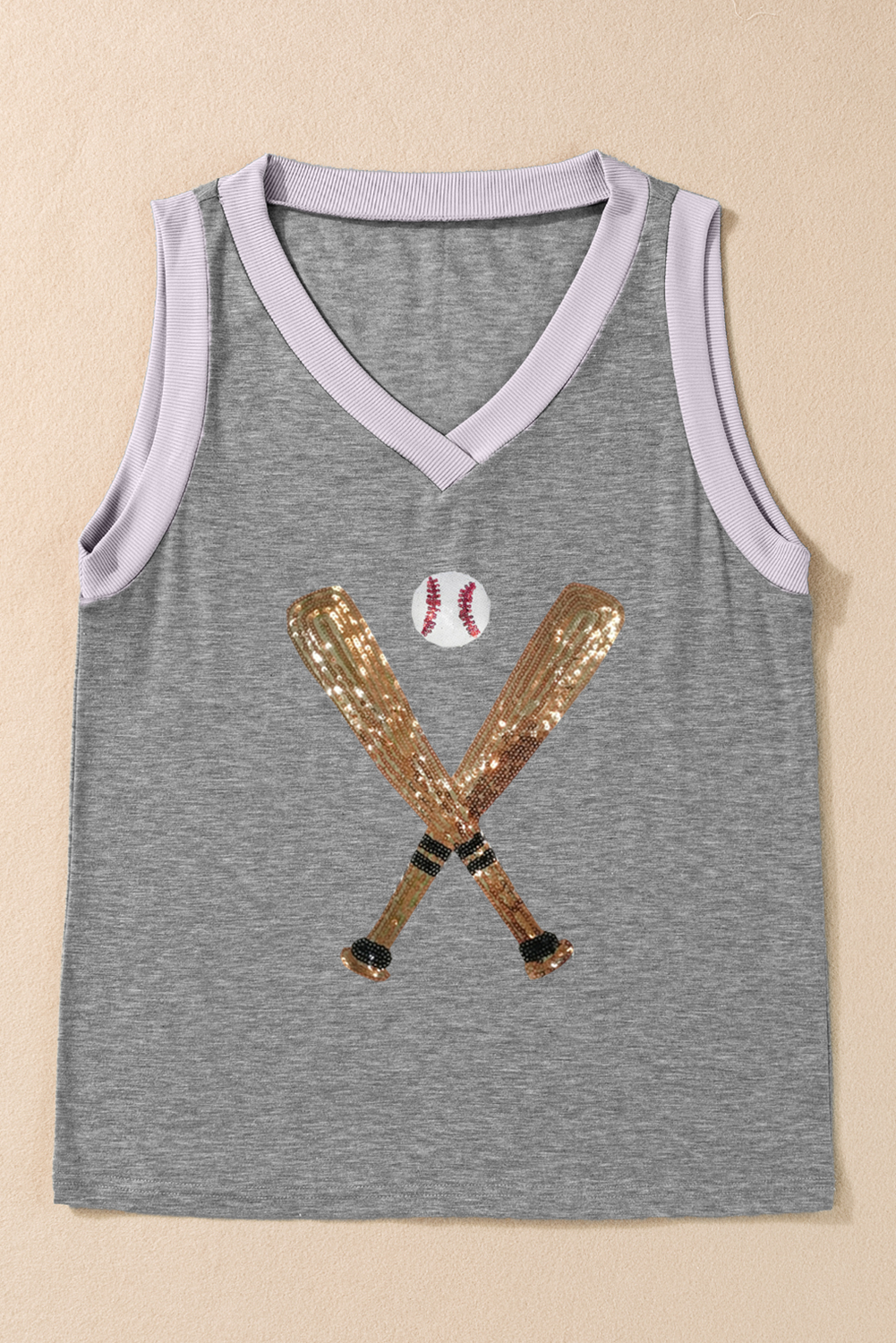 Gray Sequined Baseball Bat Graphic Ribbed Trim Casual Tank Top - Aaria Tees Aaria Tees