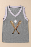 Gray Sequined Baseball Bat Graphic Ribbed Trim Casual Tank Top - Aaria Tees Aaria Tees