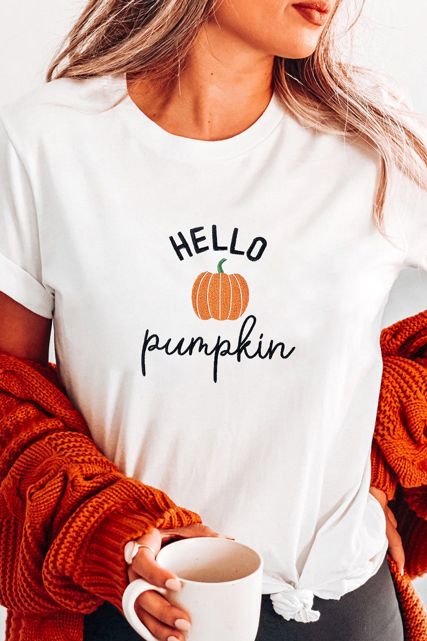White Embroidered Pumpkin Slogan Short Sleeve T-Shirt - Aaria Tees Aaria Tees