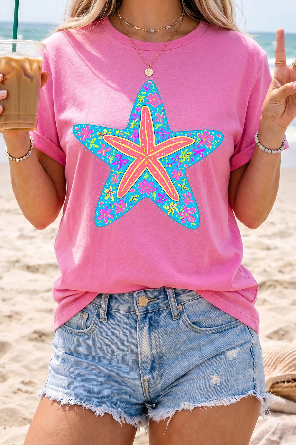 Sachet Pink Floral Starfish Printed Casual Round Neck Tee - Aaria Tees