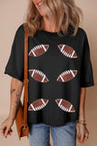 Black Sequin Rugby Football Patched Crewneck Loose T Shirt Aaria Tees