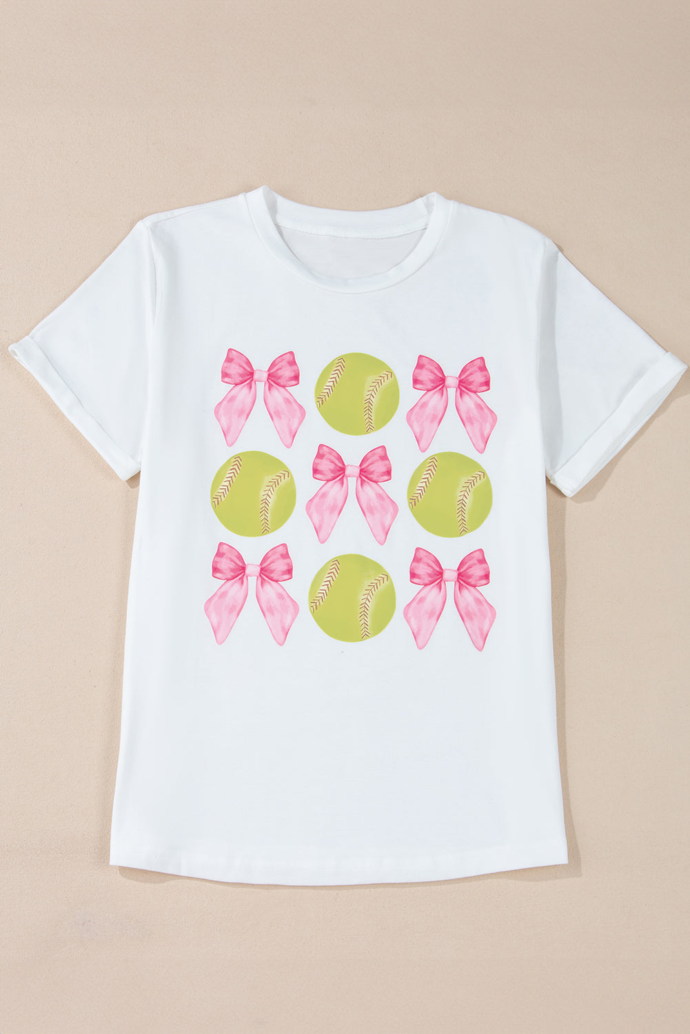 White Bow Tie Baseball Print Round Neck Casual Tee - Aaria Tees Aaria Tees