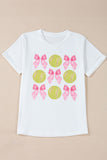 White Bow Tie Baseball Print Round Neck Casual Tee - Aaria Tees Aaria Tees