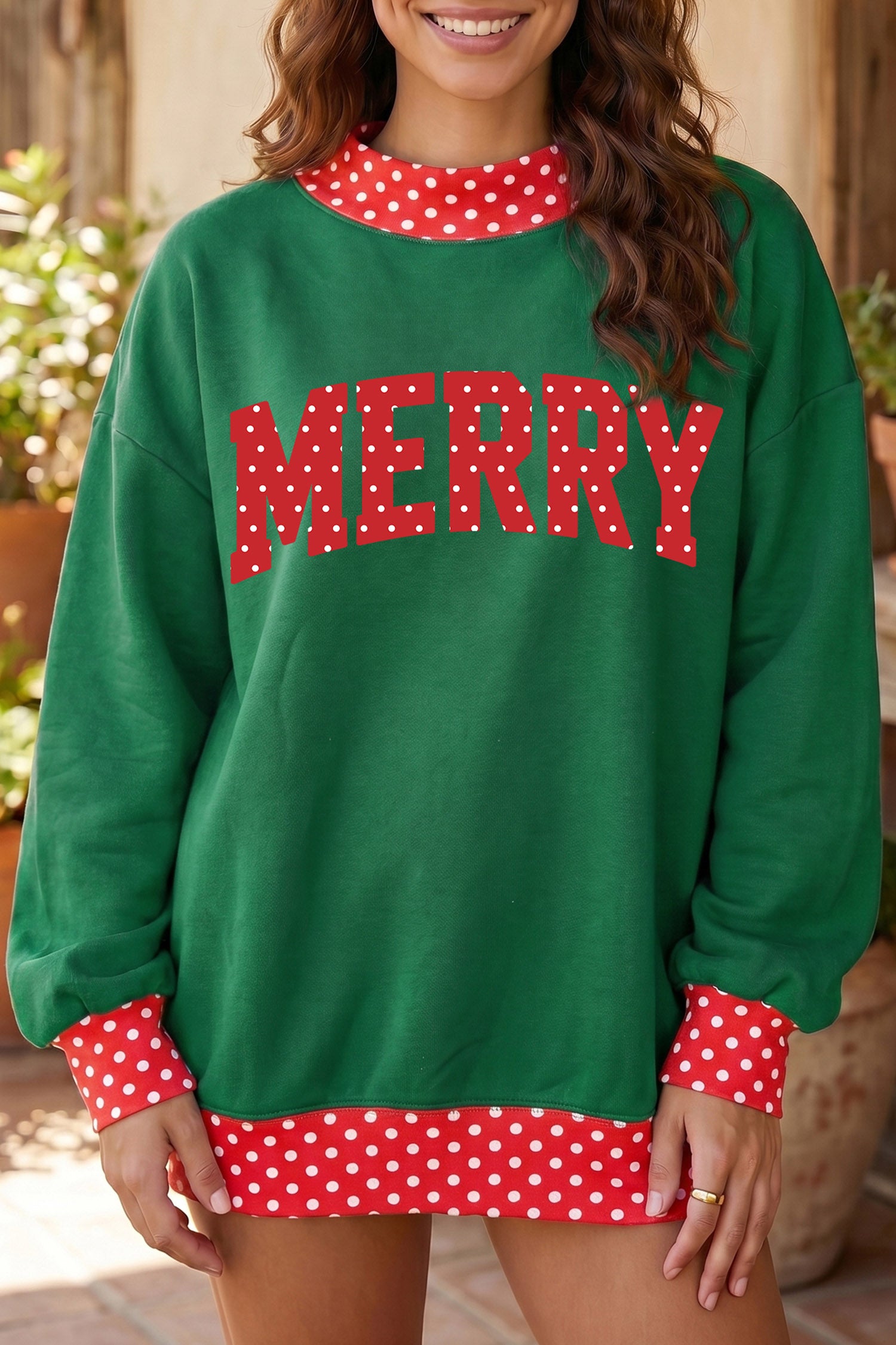 Dark Green Merry Christmas Slogan Polka Dot Contrast Trim Tunic Sweatshirt - Aaria Tees Aaria Tees