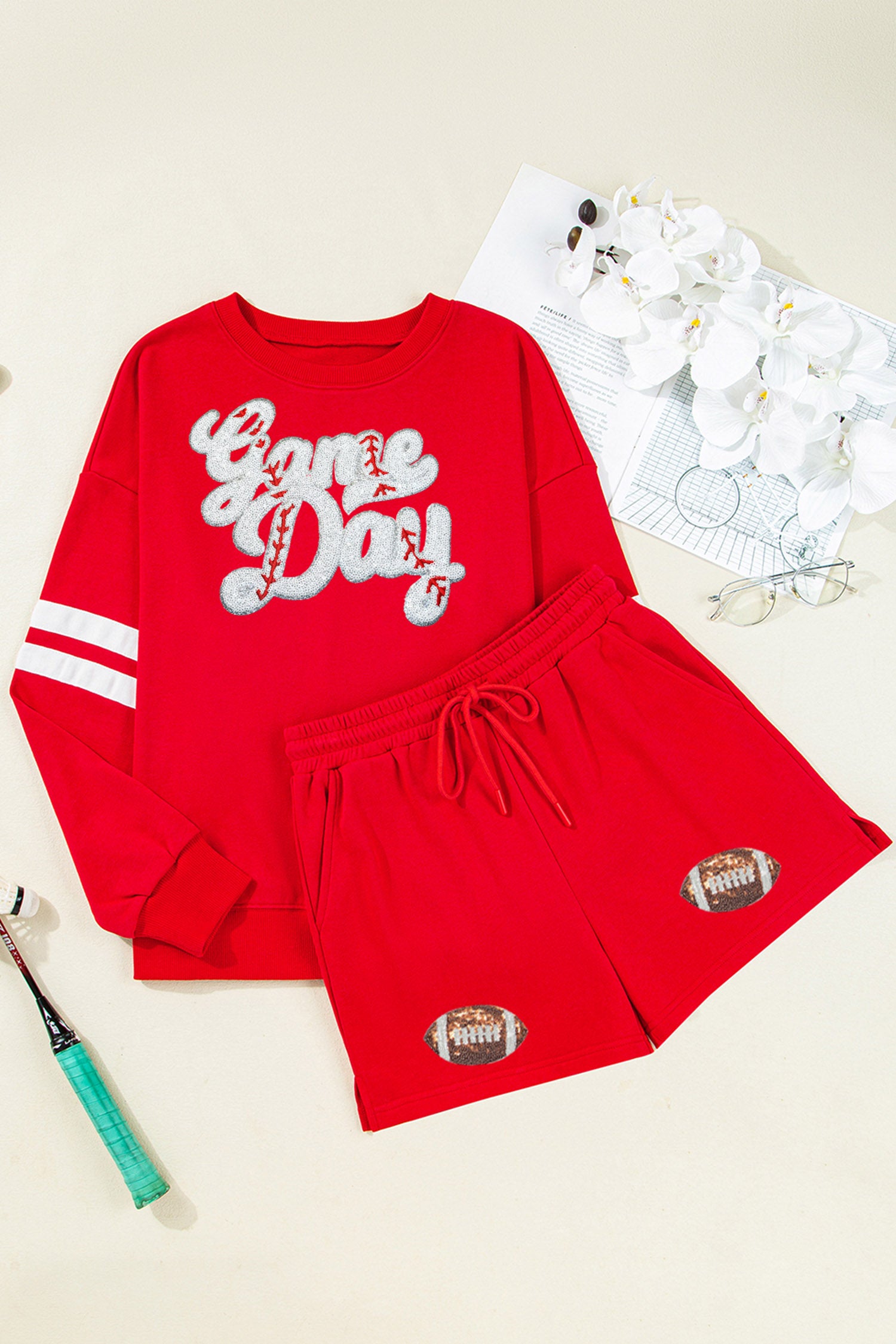 Fiery Red Glitter Game Day Slogan Football Patch Varsity Graphic Two Piece Set - Aaria Tees Aaria Tees