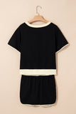 Black Sequin Rugby Football Bow Patched Colorblock Edge Tee and Skort Set Aaria Tees