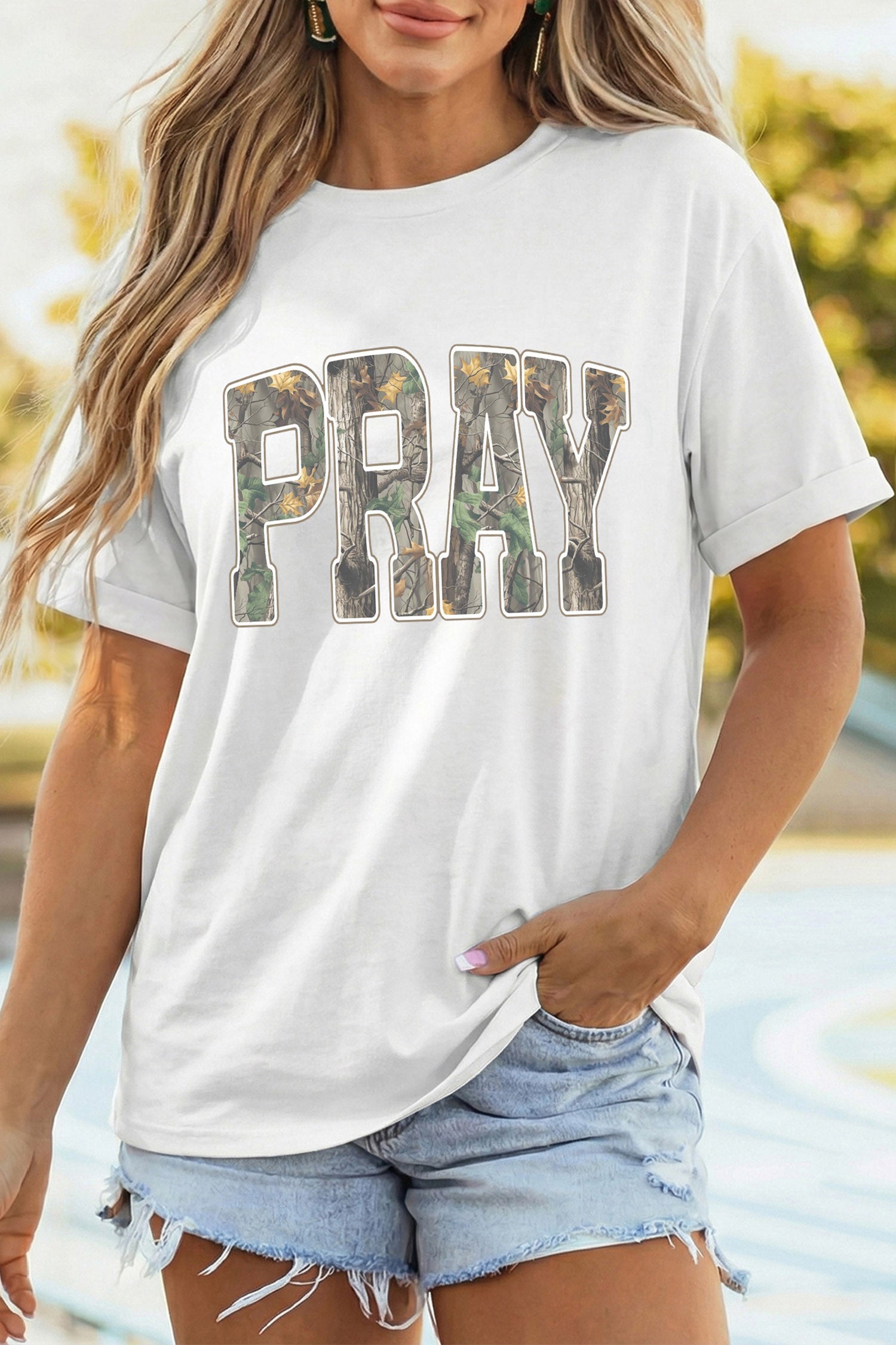 White PRAY Camo Letter Print Casual Round Neck T Shirt - Aaria Tees Aaria Tees