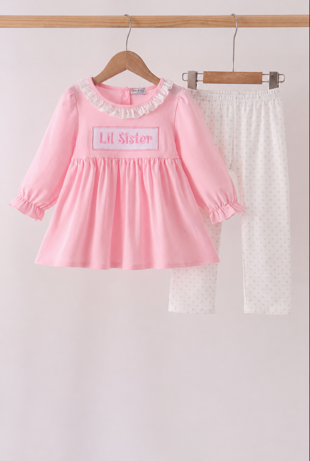 Pink Lil sister embroidery ruffle pants set - Aaria Tees