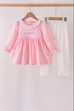 Pink Lil sister embroidery ruffle pants set - Aaria Tees Aaria Tees