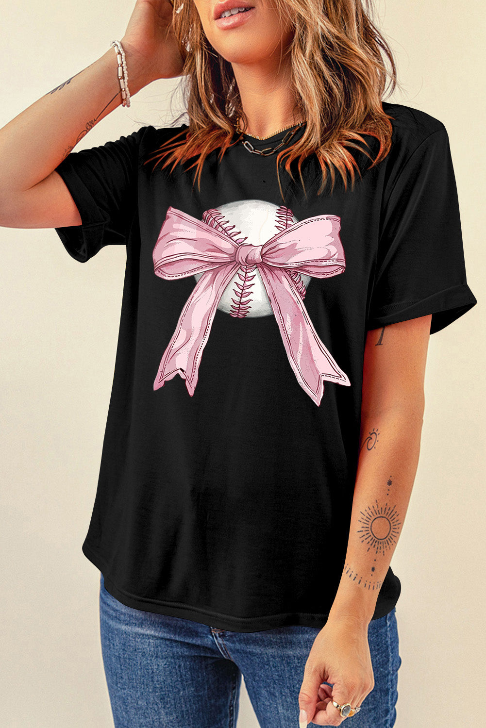 Black Baseball Bow Knot Print Round Neck T Shirt - Aaria Tees Aaria Tees