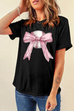 Black Baseball Bow Knot Print Round Neck T Shirt - Aaria Tees Aaria Tees
