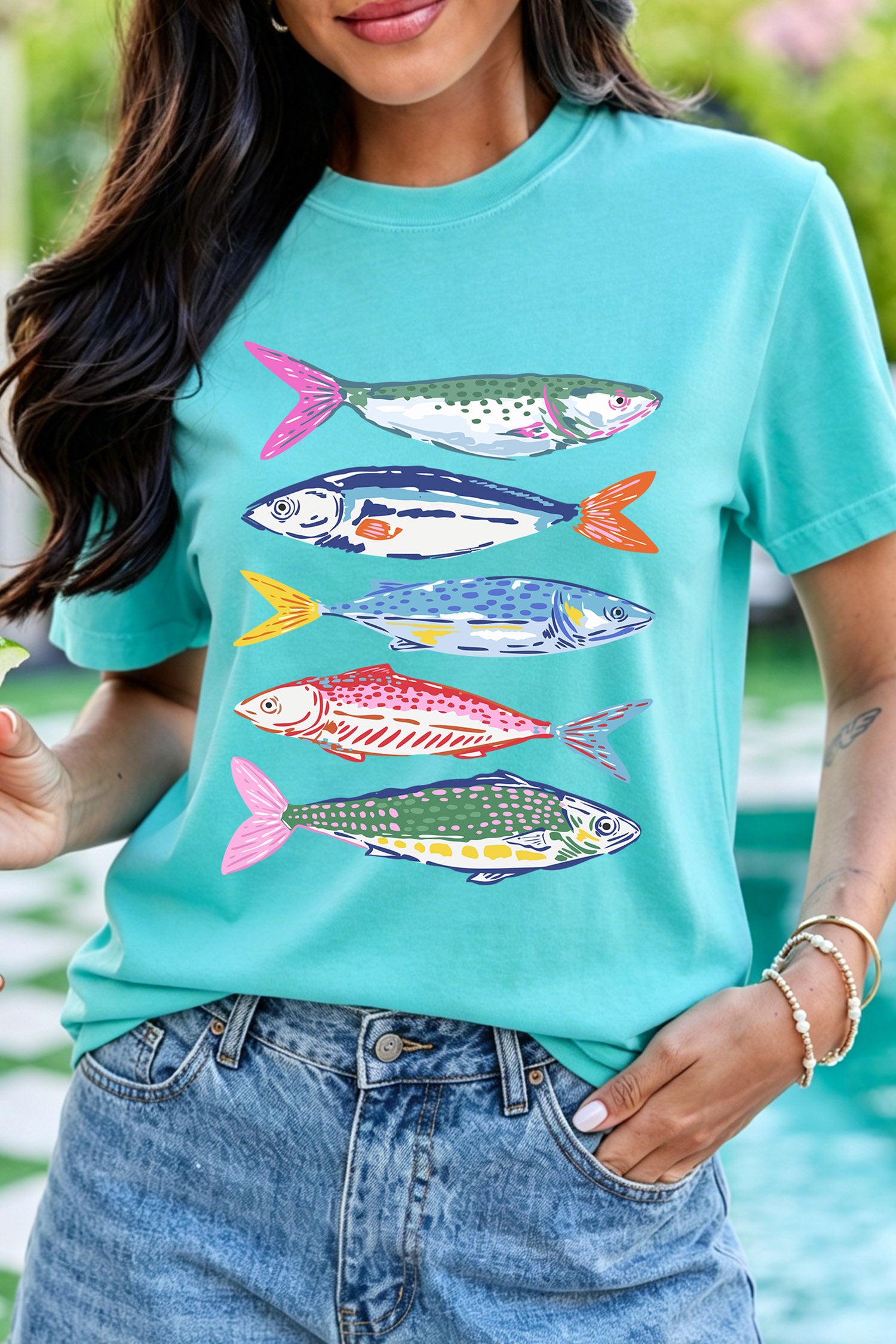 Mint Green Vibrant Fish Print Casual Short Sleeve T Shirt - Aaria Tees Aaria Tees