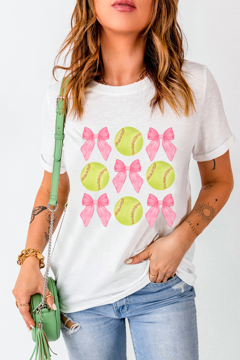 White Bow Tie Baseball Print Round Neck Casual Tee - Aaria Tees Aaria Tees