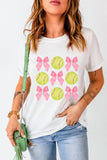 White Bow Tie Baseball Print Round Neck Casual Tee - Aaria Tees Aaria Tees