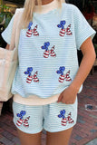 Sky Blue Stripe Patriotic Sequin Balloon Dog Relaxed 2pcs Short Set Aaria Tees