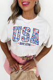 White USA Floral Print EST 1776 Patriotic Graphic Tee Aaria Tees