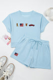 Mist Blue Western Patriotic Embroidered Flag Pattern Casual Two Piece Set Aaria Tees