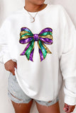 White Mardi Gras Bow Graphic Drop Shoulder Sweatshirt Aaria Tees