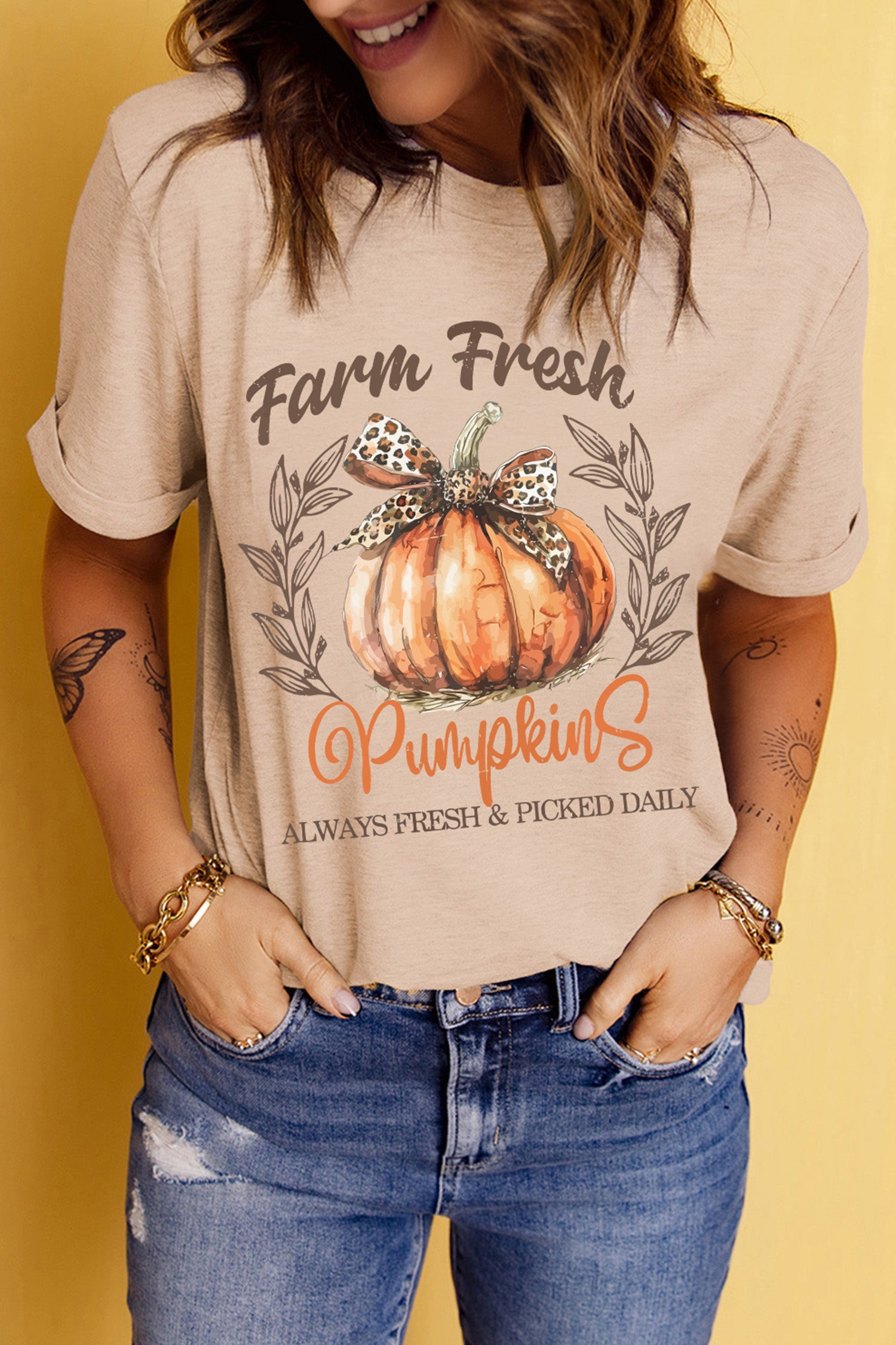 Khaki Farm Fresh Pumpkin Slogan Fall Thanksgiving Graphic Tee - Aaria Tees Aaria Tees